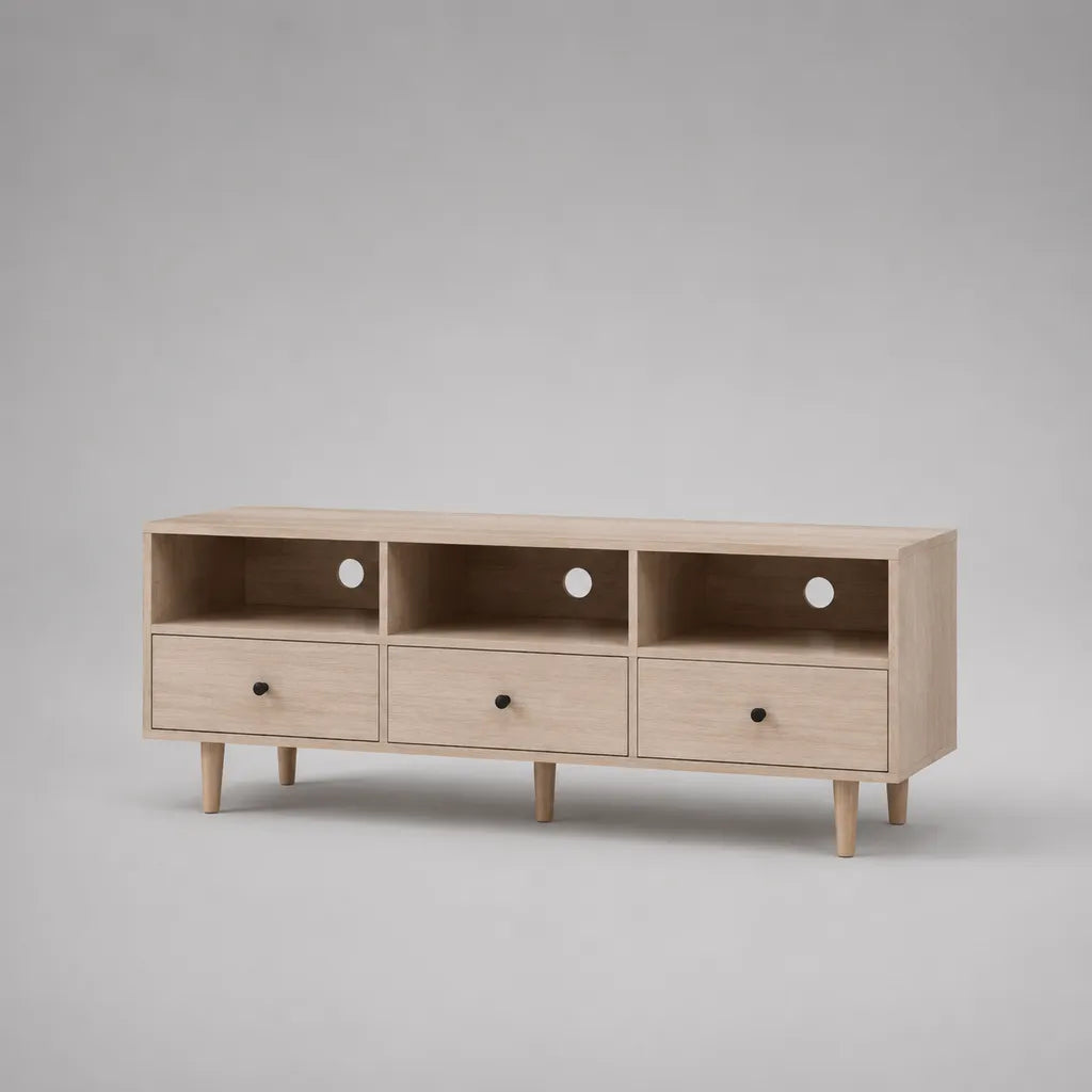 TV-Lowboard mit Eichenfurnier, 3 Schubladen und 3 offenen Fächern, Natur/Schwarz, 140 × 40 × 60 cm
