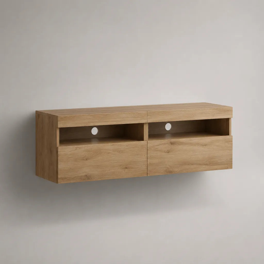 Wandhängendes TV-Lowboard aus melaminbeschichteter Spanplatte, Eichefarben, 160 × 30 × 40 cm, mit 2 Klapptüren, 2 offenen Fächern und Kabelöffnungen