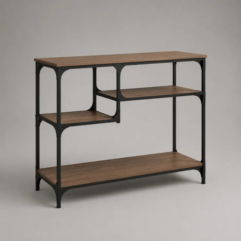Rechteckiger Konsolentisch aus Spanplatte und Stahl mit 3 Ablageböden, Braun/Schwarz, 120 × 35 × 90 cm