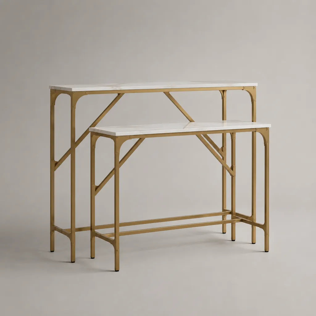 Konsolentisch-Set, 2-teilig, aus MDF und Stahl, Weiß-Gold in Marmoroptik, 120 × 35 × 90 cm und 100 × 30 × 75 cm