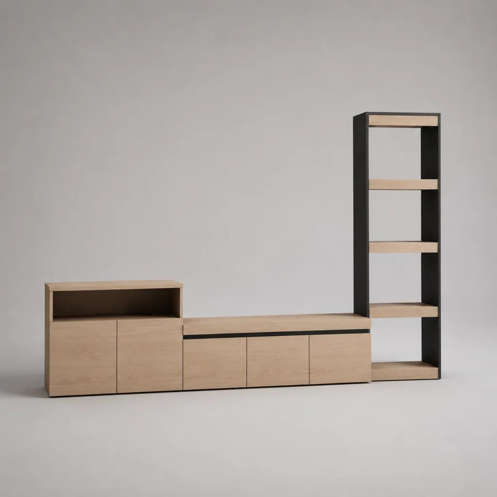 TV-Wand 3-teilig aus melaminbeschichteter Spanplatte mit Lowboard, Sideboard und Standregal, Eichefarben/Schwarz, 280 × 35 × 180 cm