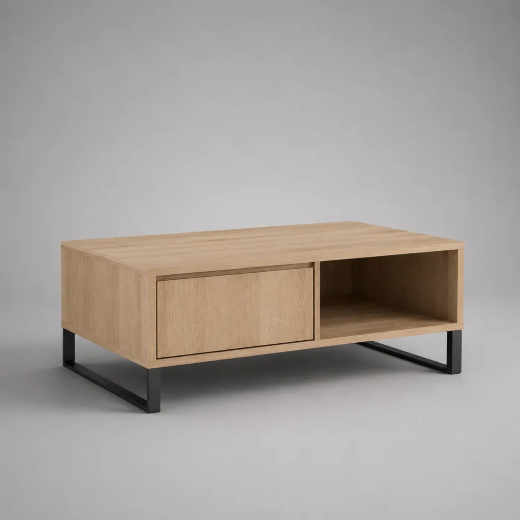 Rechteckiger Couchtisch aus Spanplatte und Stahl mit Stauraum, Natur/Schwarz, 100 × 60 × 45 cm