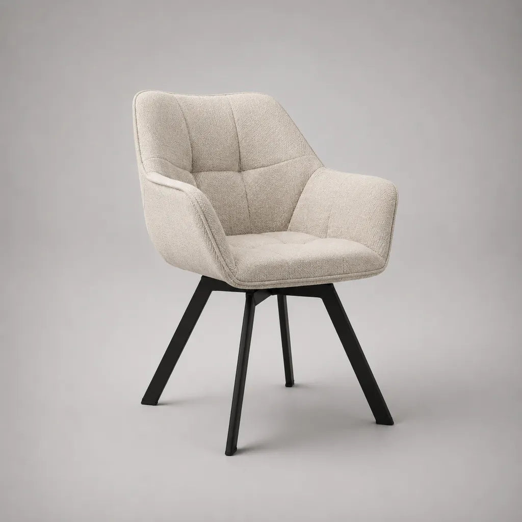 Esszimmerstuhl mit Armlehnen, Polyester-Bouclé-Bezug und Stahlgestell, Beige/Schwarz, 58 × 62 × 84 cm