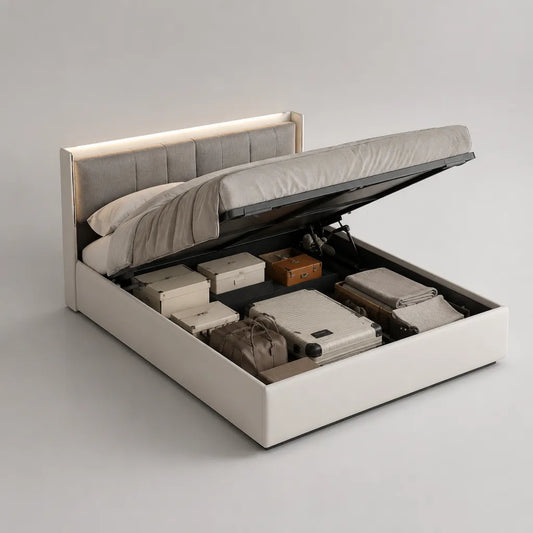 Polsterbett mit Stauraum, Gasdruck-Lattenrost und LED-Kopfteil, Liegefläche 160 × 200 cm, Gesamtmaß 170 × 216 × 108 cm, Stoff, Beige/Hellgrau