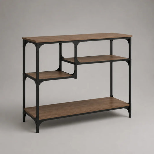 Rechteckiger Konsolentisch aus Spanplatte und Stahl mit 3 Ablageböden, Braun/Schwarz, 120 × 35 × 90 cm