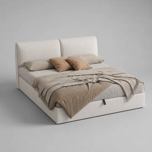 Rechteckiges Polsterbett mit Bettkasten und Kopfteil, Polyester, Cremeweiß, Liegefläche 180 × 200 cm