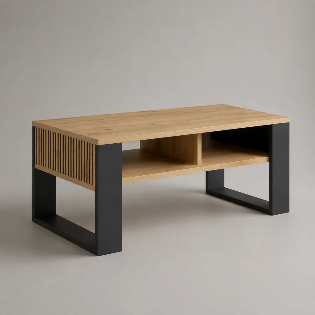 Rechteckiger Couchtisch aus MDF mit Eichenfurnier und Stahl, Naturfarben/Schwarz, 100 × 50 × 45 cm
