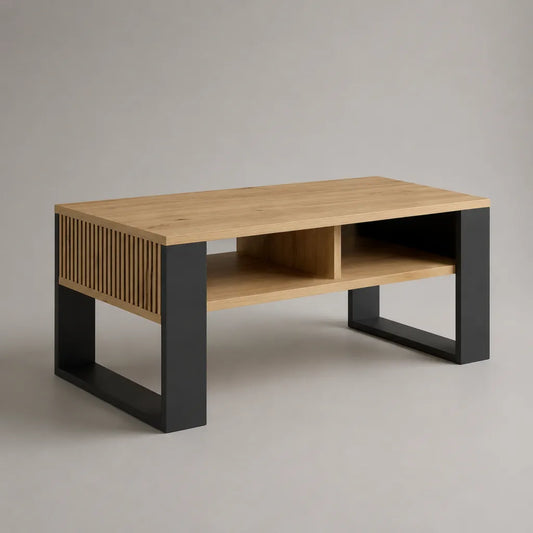 Rechteckiger Couchtisch aus MDF mit Eichenfurnier und Stahl, Naturfarben/Schwarz, 100 × 50 × 45 cm