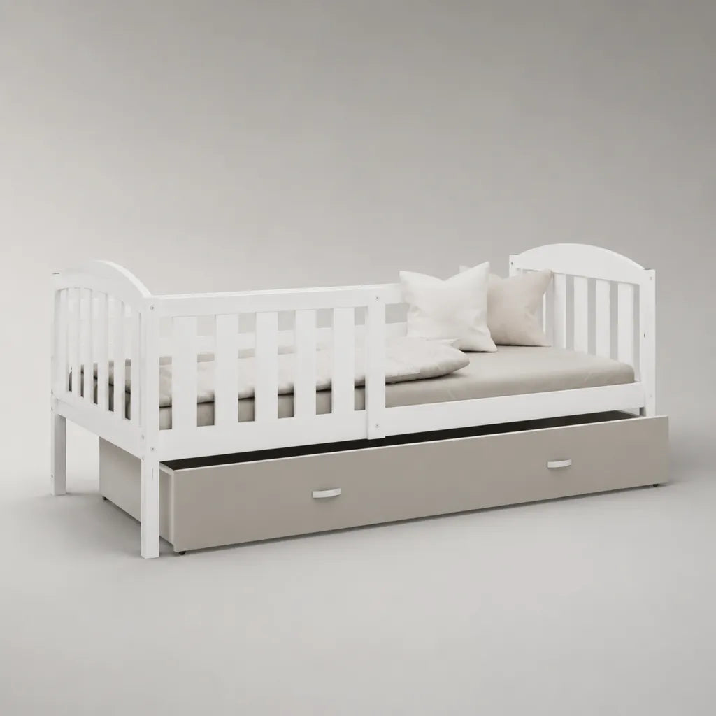 Kinderbett mit Stauraumschublade aus massiver Kiefer und MDF, Weiß/Grau, 208 × 98 × 82 cm, Liegefläche 90 × 200 cm
