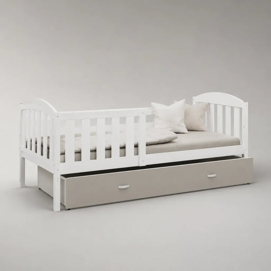 Kinderbett mit Stauraumschublade aus massiver Kiefer und MDF, Weiß/Grau, 208 × 98 × 82 cm, Liegefläche 90 × 200 cm