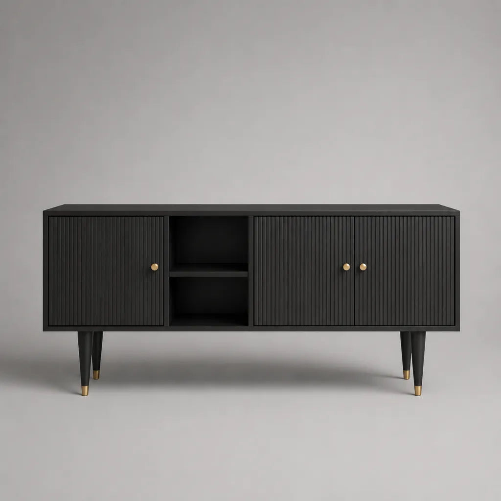 TV-Lowboard aus MDF mit 3 Türen und 2 offenen Fächern, Schwarz/Messingfarben, 140 × 40 × 70 cm