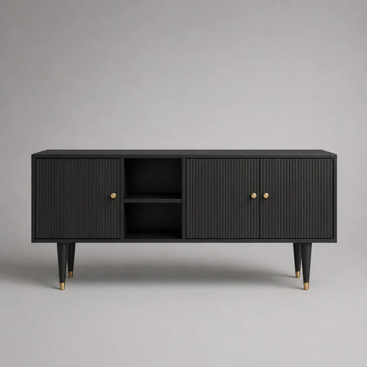 TV-Lowboard aus MDF mit 3 Türen und 2 offenen Fächern, Schwarz/Messingfarben, 140 × 40 × 70 cm