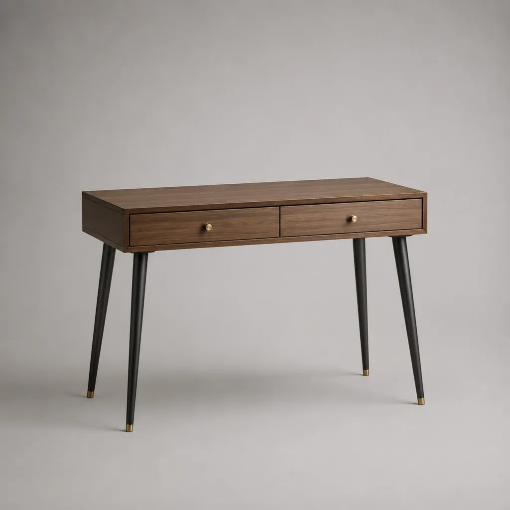 Rechteckiger Konsolentisch aus MDF mit Walnussfurnier, 2 Schubladen, Braun/Schwarz/Messingfarben, 100 × 35 × 78 cm