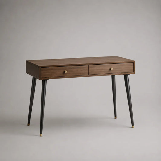 Rechteckiger Konsolentisch aus MDF mit Walnussfurnier, 2 Schubladen, Braun/Schwarz/Messingfarben, 100 × 35 × 78 cm