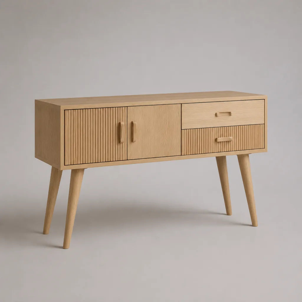 Konsolentisch aus MDF mit Eichenfurnier, 2 Türen und 2 Schubladen, Natur, 120 × 40 × 80 cm