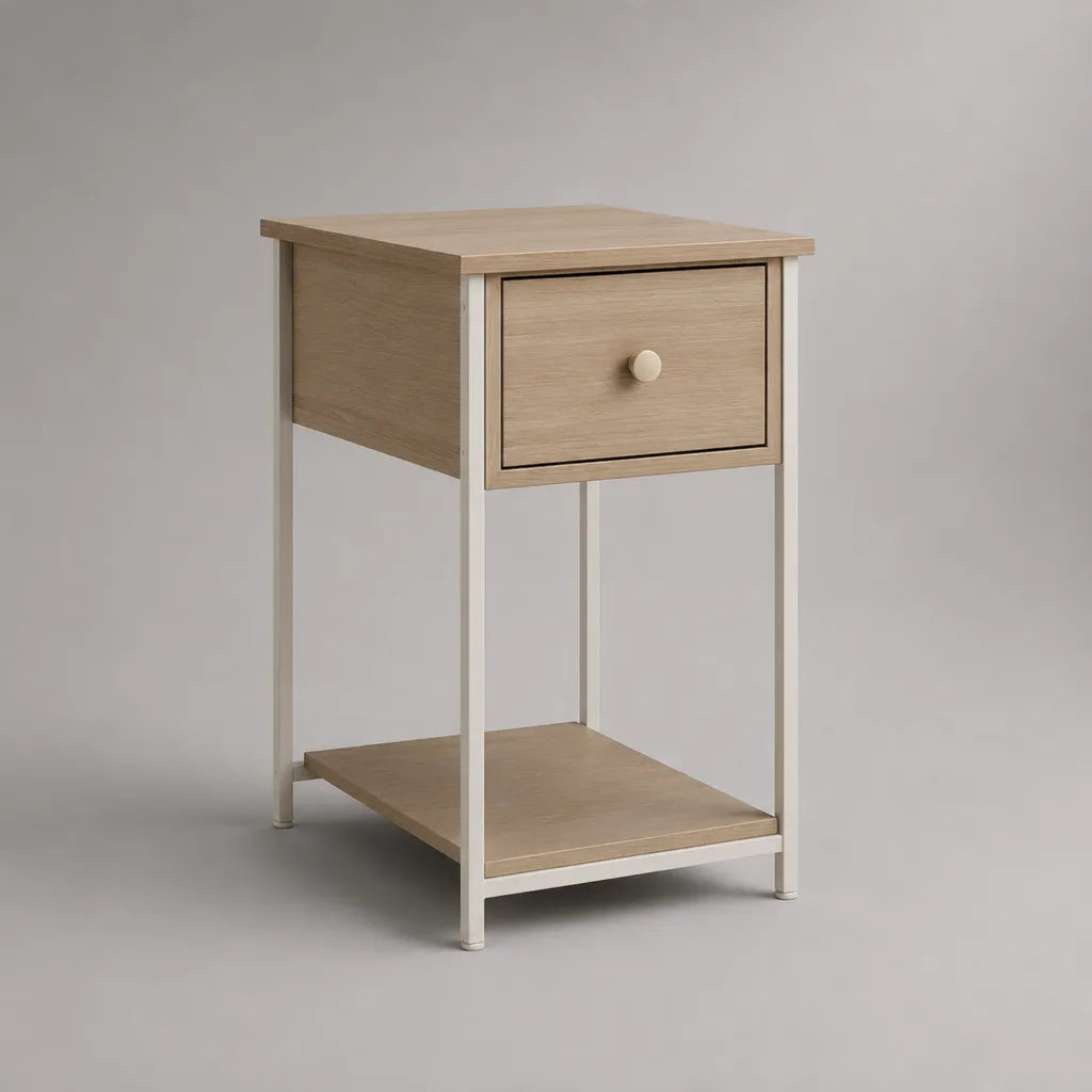 Nachttisch aus MDF-Platten und Stahl mit Schublade und Ablage, Natur/Weiß, 40 × 35 × 65 cm
