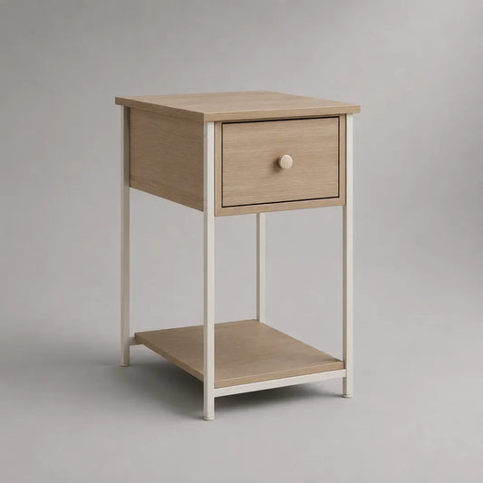 Nachttisch aus MDF-Platten und Stahl mit Schublade und Ablage, Natur/Weiß, 40 × 35 × 65 cm