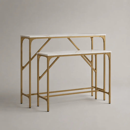 Konsolentisch-Set, 2-teilig, aus MDF und Stahl, Weiß-Gold in Marmoroptik, 120 × 35 × 90 cm und 100 × 30 × 75 cm
