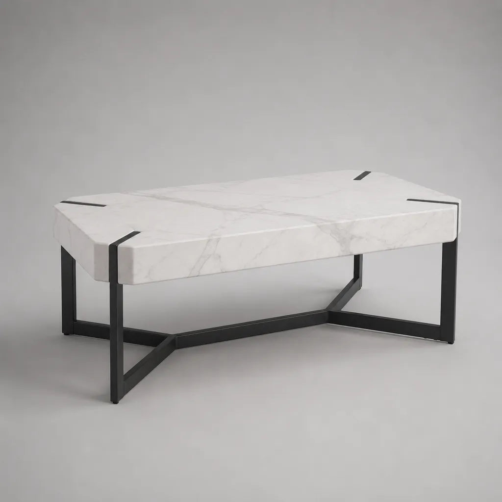 Rechteckiger Couchtisch aus MDF mit Marmoroptik und Stahlgestell, Weiß/Grau/Schwarz, 100 × 60 × 45 cm