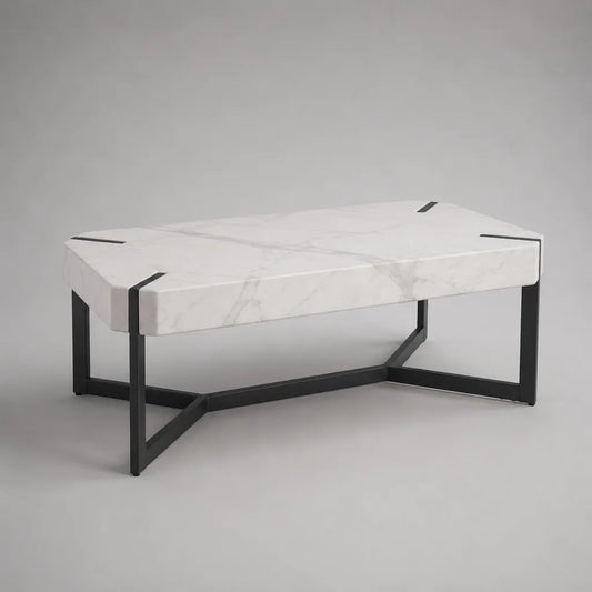 Rechteckiger Couchtisch aus MDF mit Marmoroptik und Stahlgestell, Weiß/Grau/Schwarz, 100 × 60 × 45 cm