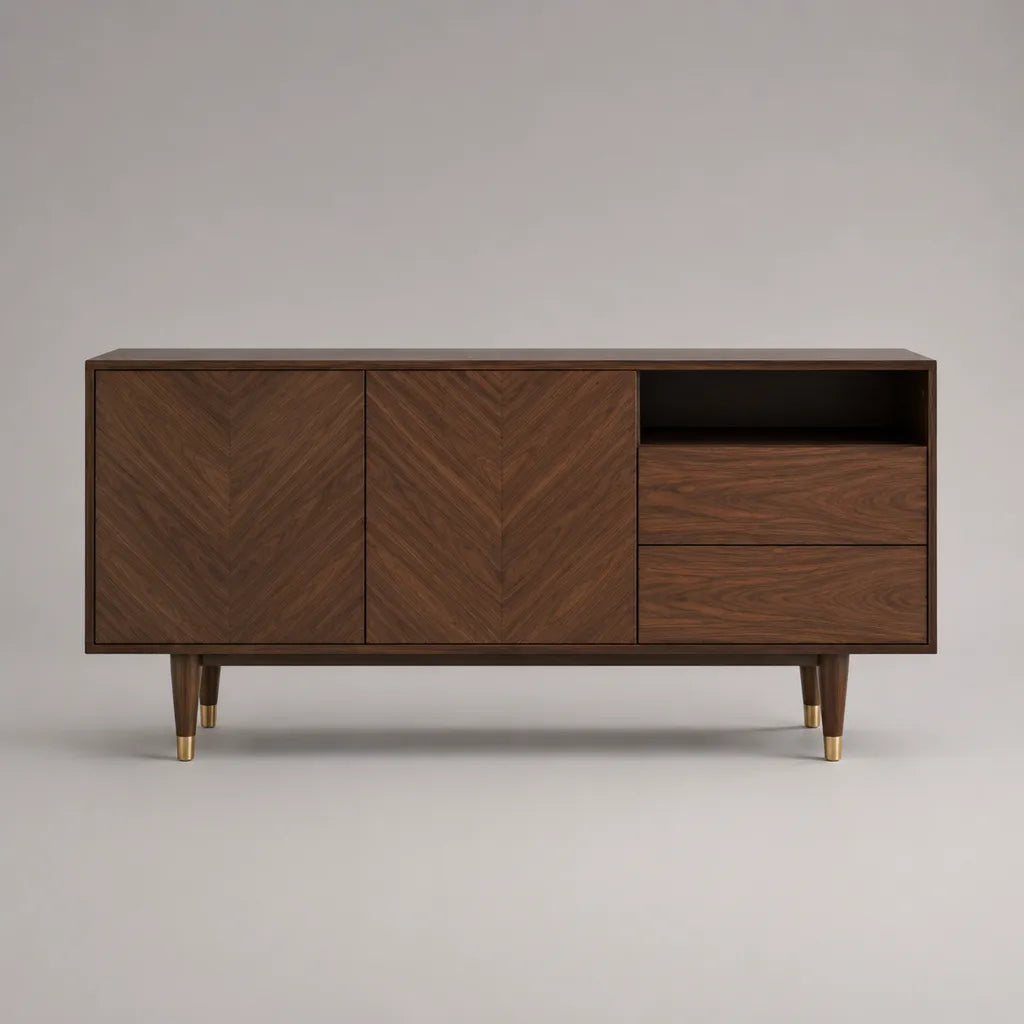 TV-Lowboard aus MDF mit Walnussfurnier, 2 Türen, 2 Schubladen und offenem Fach, Dunkelbraun, 160 × 40 × 75 cm