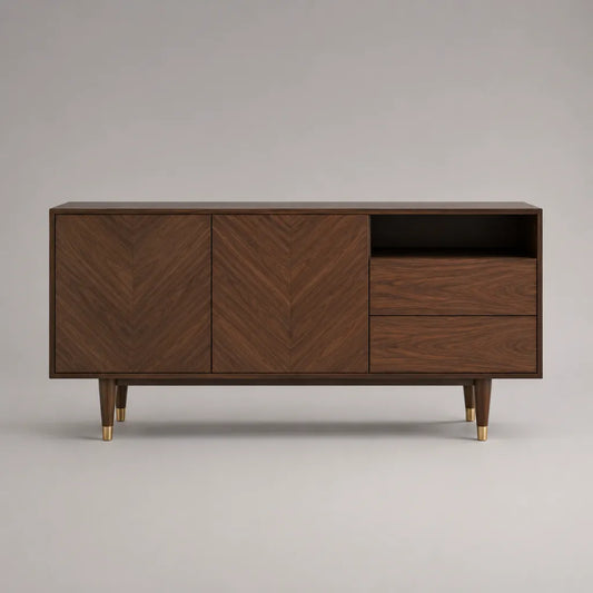 TV-Lowboard aus MDF mit Walnussfurnier, 2 Türen, 2 Schubladen und offenem Fach, Dunkelbraun, 160 × 40 × 75 cm