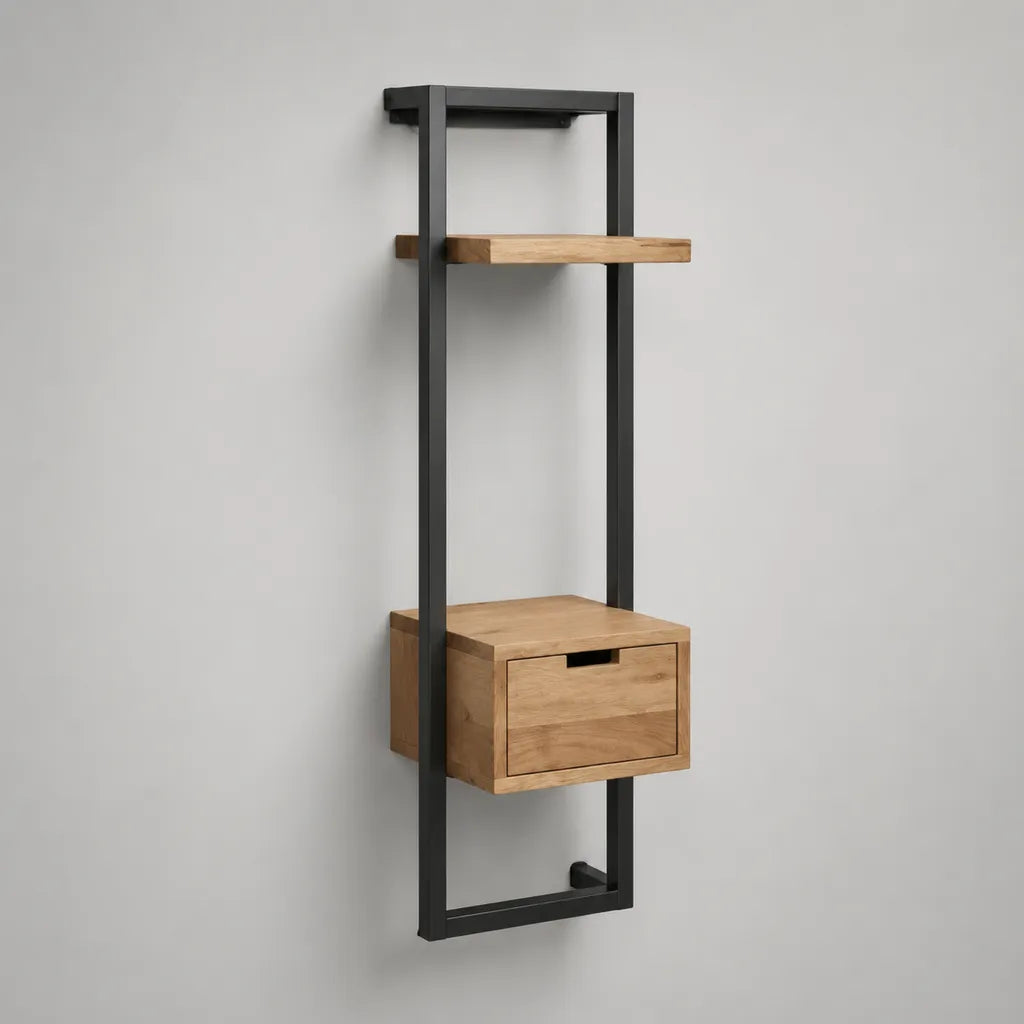 Wandnachttisch mit Schublade und Ablage aus massiver Eiche und Stahl, Natur und Schwarz, 50 × 35 × 180 cm