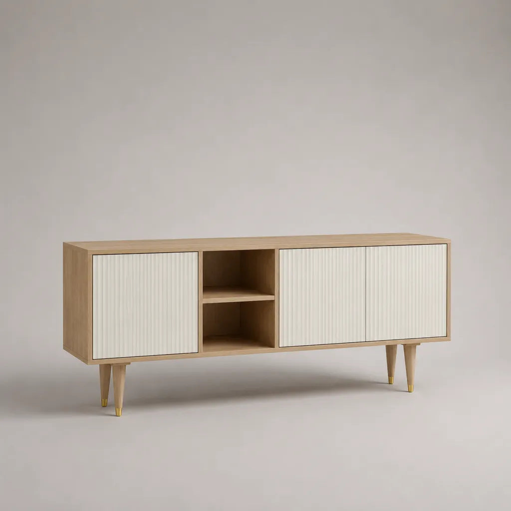 TV-Lowboard aus MDF und Spanplatte mit 3 Türen und 2 offenen Fächern, Natur und Weiß, 160 × 40 × 70 cm