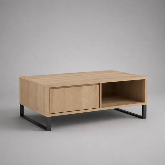 Rechteckiger Couchtisch aus Spanplatte und Stahl mit Stauraum, Natur/Schwarz, 100 × 60 × 45 cm