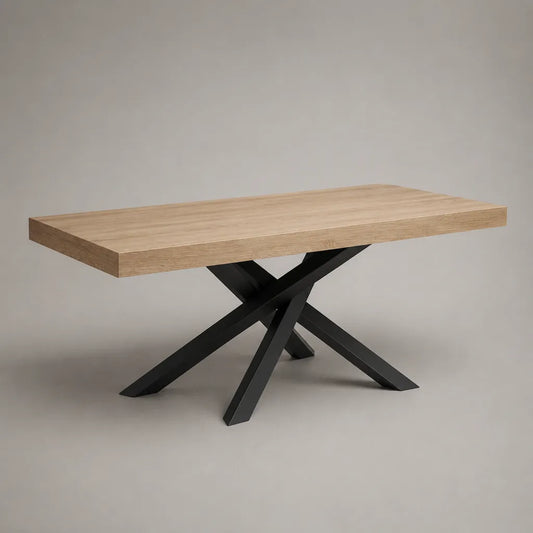 Rechteckiger Esstisch aus MDF mit Eiche-Dekor und schwarzem Stahlgestell, 180 x 90 x 76 cm